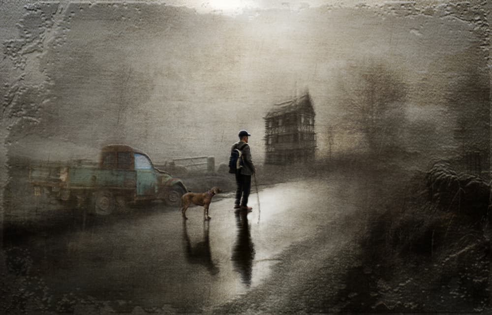Man and Dog Misty Road by Amer Jassim — canvas wall art