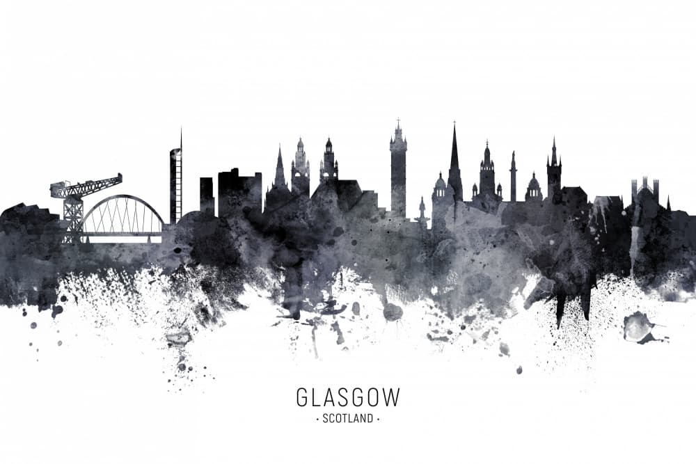 Glasgow City Skyline Watercolor by Michael Tompsett — canvas wall art