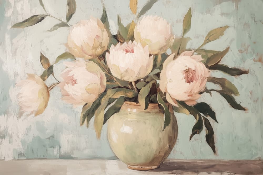 Blushing Peonies Still Life by Melloi Art Prints — canvas wall art