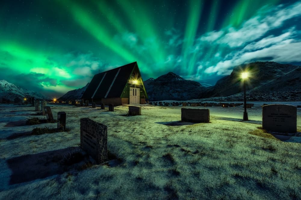 Northern Lights Church by Javier de la Torre — canvas wall art