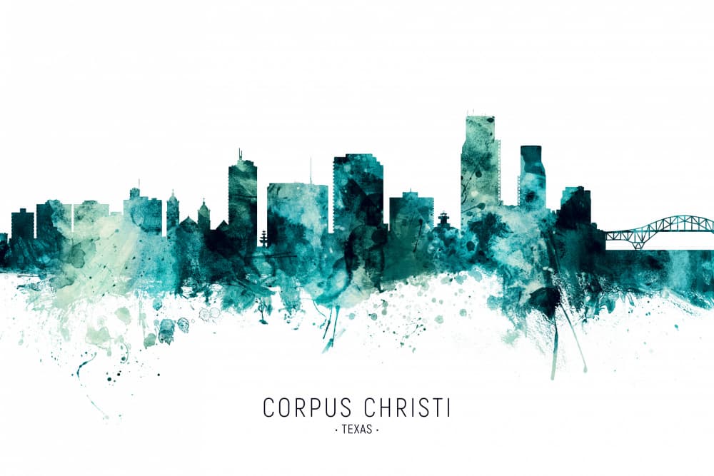 Corpus Christi Watercolor Skyline by Michael Tompsett — canvas wall art
