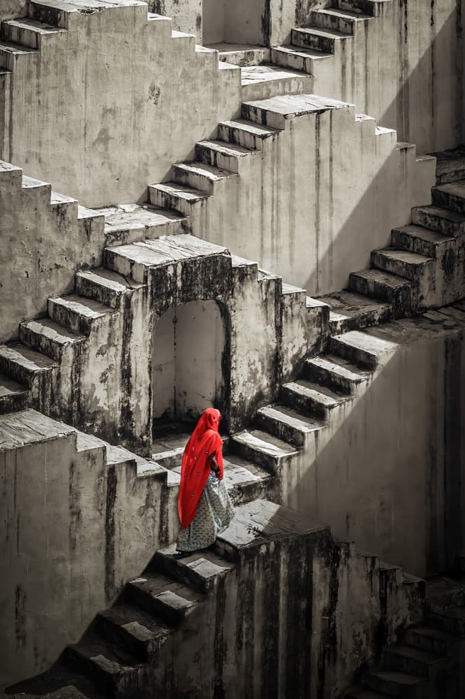 Red Sari Stepwell by Irene Wu — canvas wall art