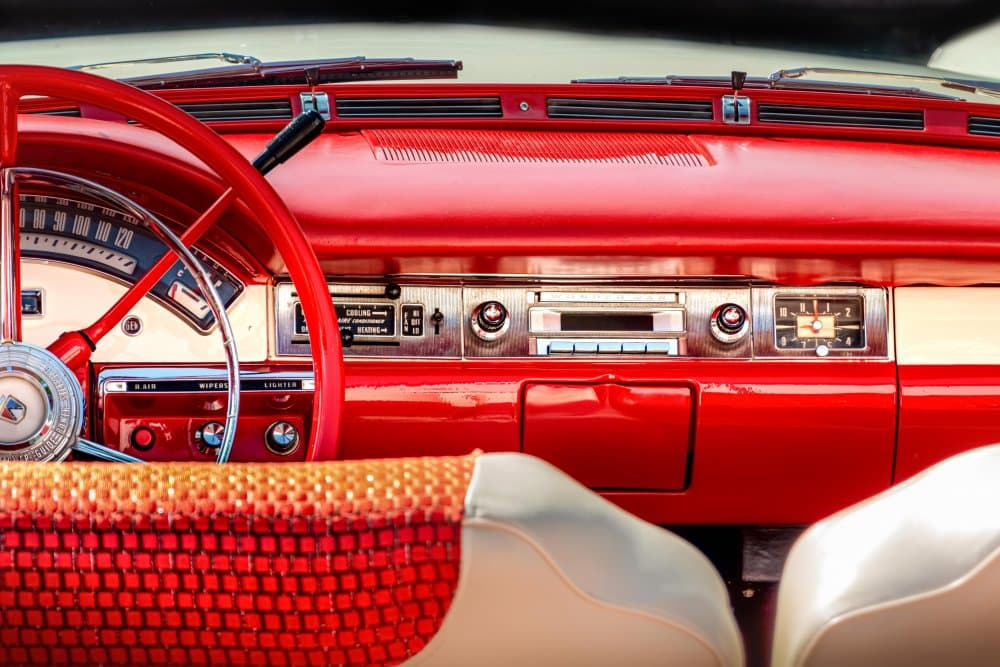 Vintage Red Car Interior by Stephan Rückert — canvas wall art