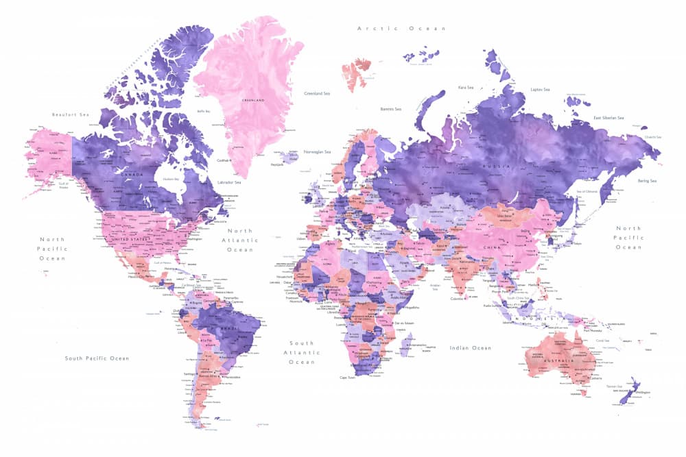 Pink Purple World Map by Rosana Laiz Blursbyai — canvas wall art