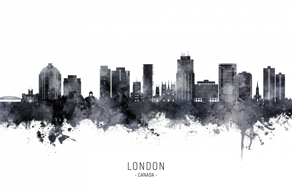 London Canada Skyline Watercolor by Michael Tompsett — canvas wall art