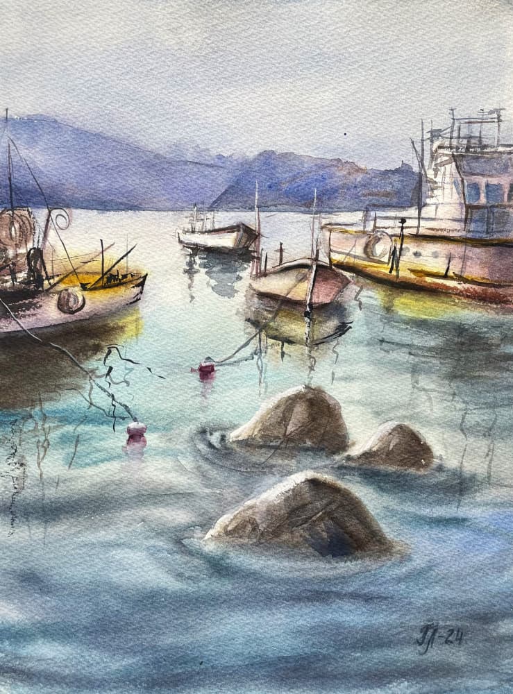 Calm Harbor Boats by Tanya Lundmark — canvas wall art