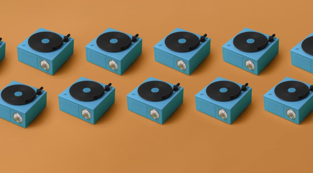 Retro Blue Record Players by Julia Ramiro — canvas wall art