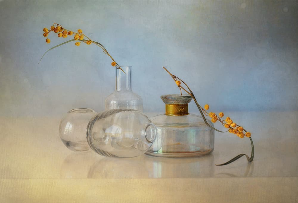 Yellow Berries Glass Bottles by Elena Arjona — canvas wall art