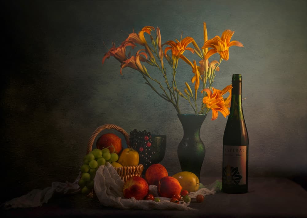 Moody Still Life with Wine by John-Mei Zhong — canvas wall art