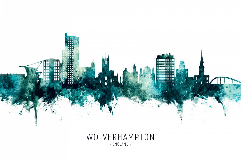 Wolverhampton City Teal Skyline by Michael Tompsett — canvas wall art