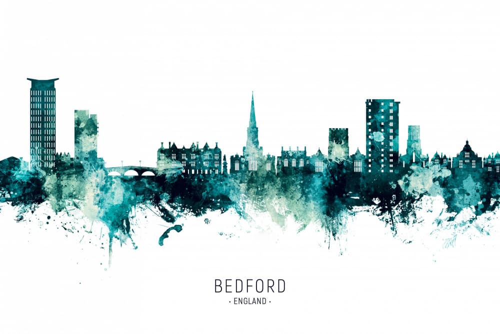 Bedford City Watercolor Skyline by Michael Tompsett — canvas wall art