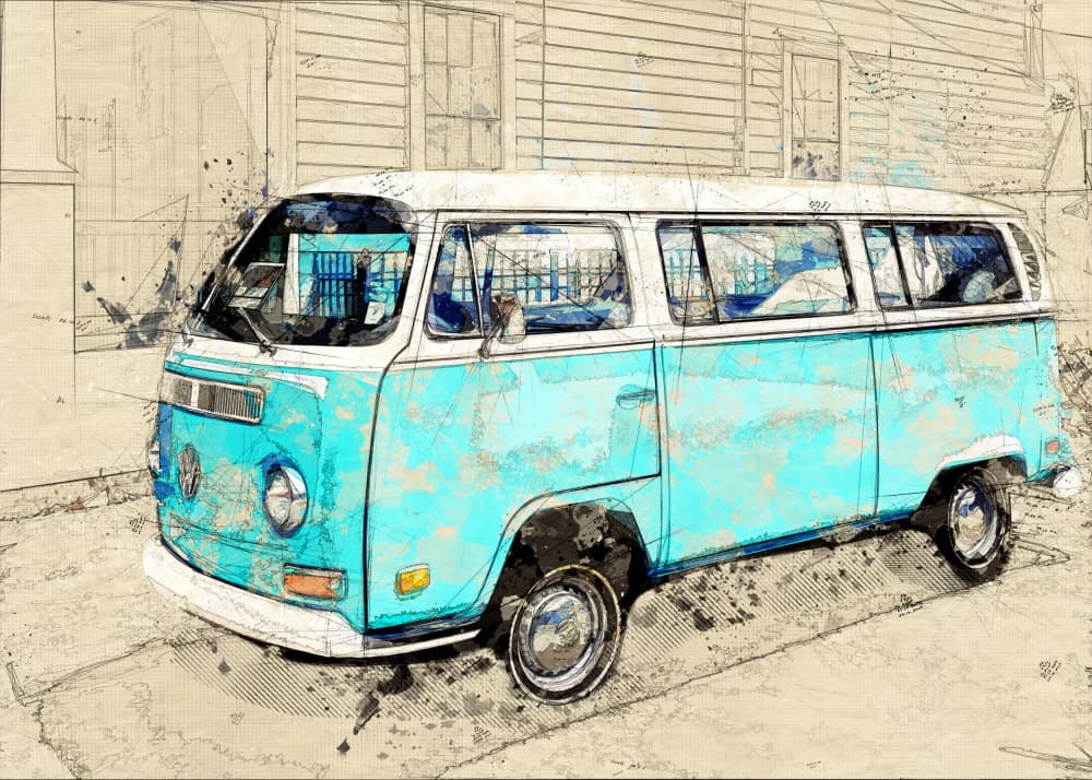 Vintage Blue Camper Van by Lembayung senja studio [Vintage Poster] — canvas wall art