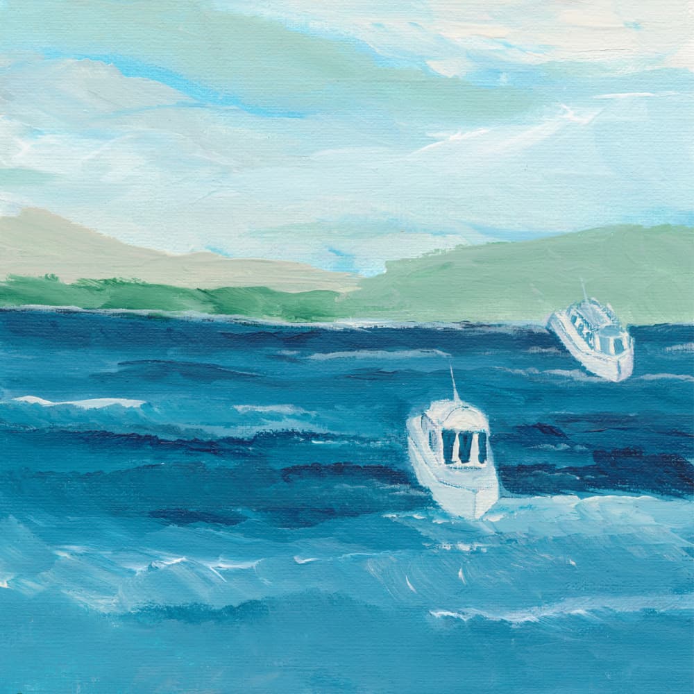 Two Boats Blue Water by Nikita Jariwala — canvas wall art