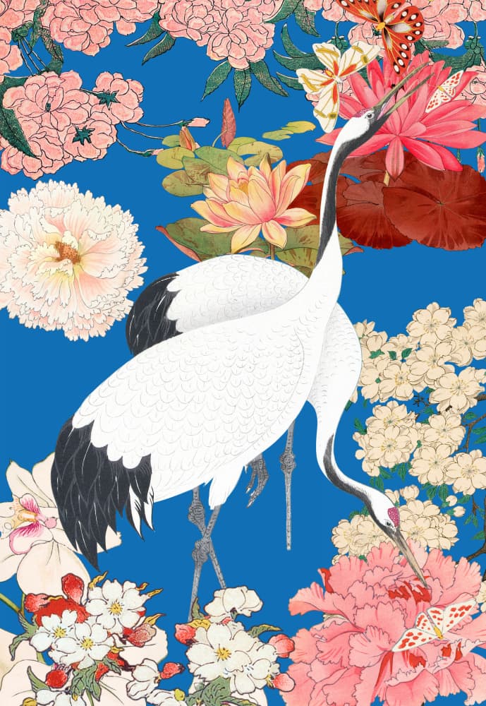 Japanese Cranes Floral Art by Marja van den Hurk — canvas wall art