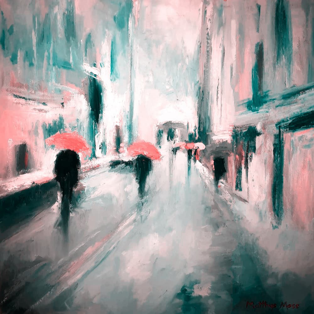 Pink Umbrellas Rainy Street by Matthys Moss — canvas wall art