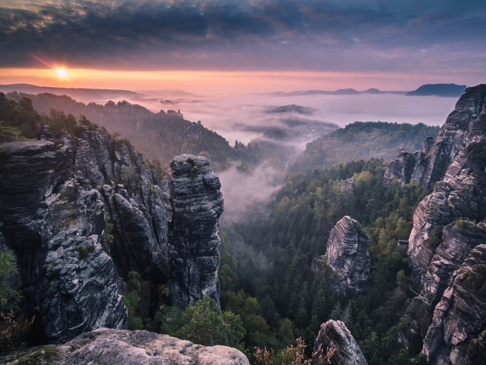 Misty Mountain Sunrise by Andreas Wonisch — canvas wall art