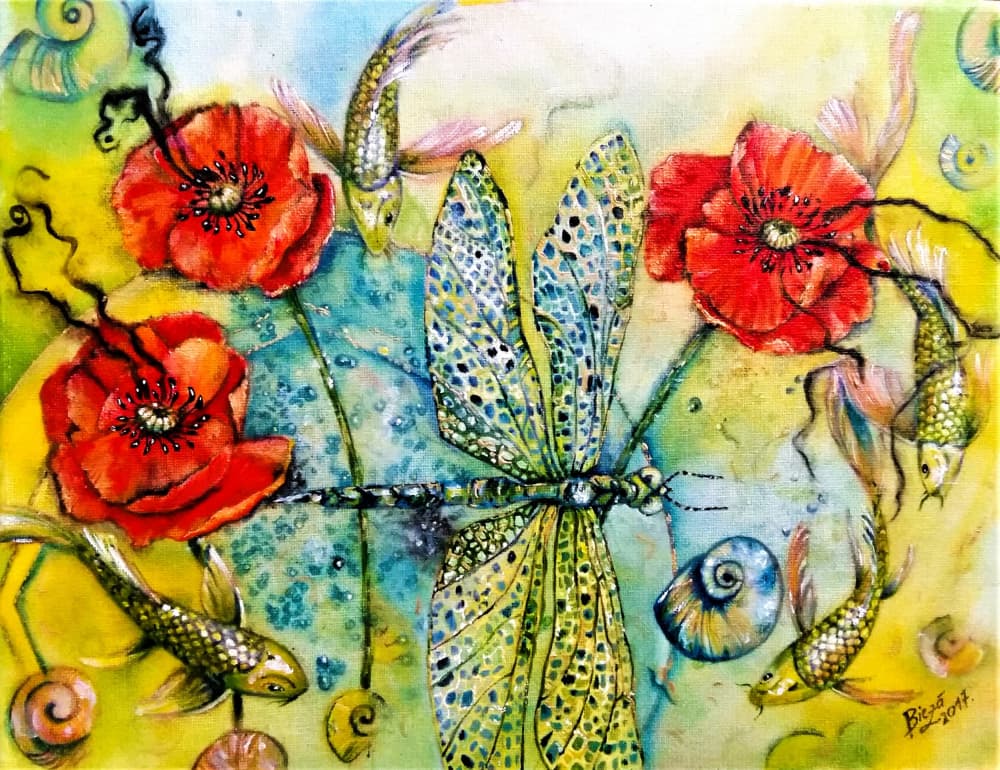 Dragonfly Poppies Pond