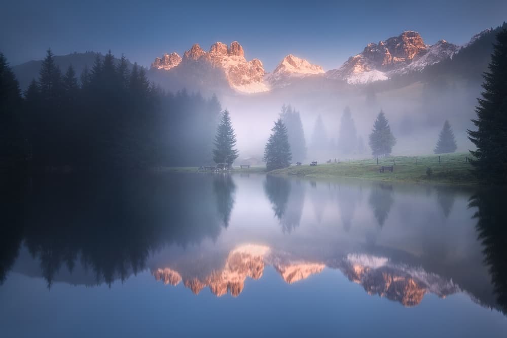 Misty Mountain Lake Sunrise by Daniel Řeřicha — canvas wall art