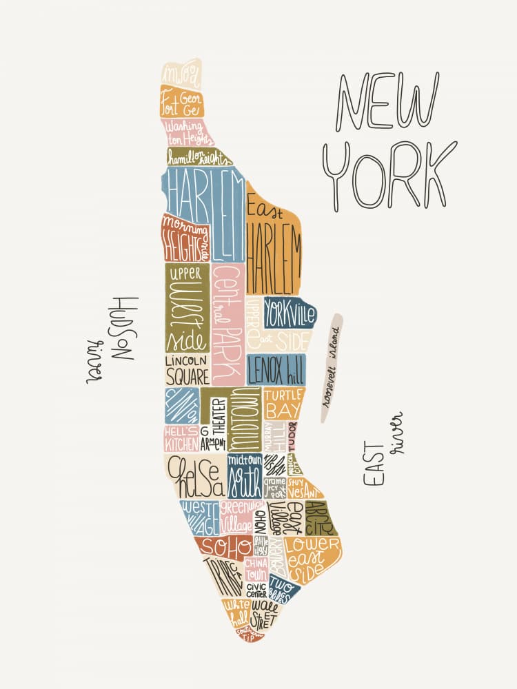 Colorful Manhattan Neighborhoods Map by Menina Lisboa — canvas wall art