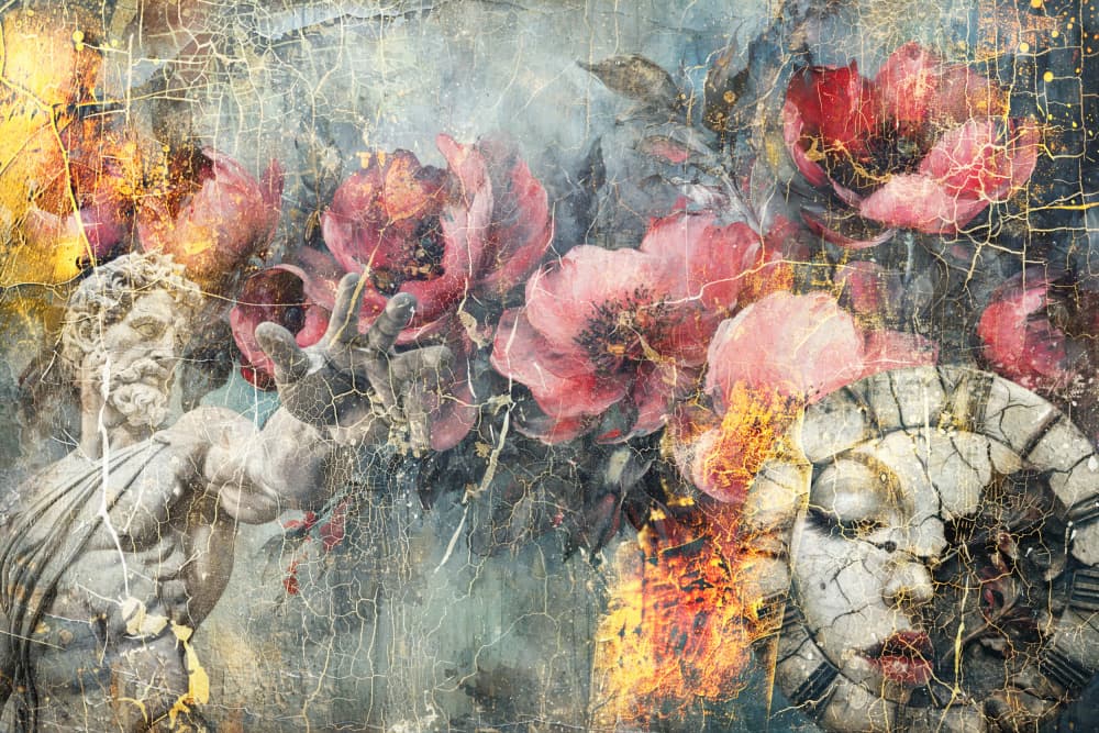 Cracked Statue Floral Clock by Rafal Kulik — canvas wall art
