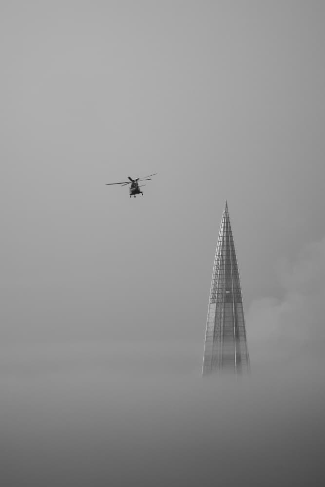 Misty Skyscraper Helicopter by Vladislav Danilov — canvas wall art