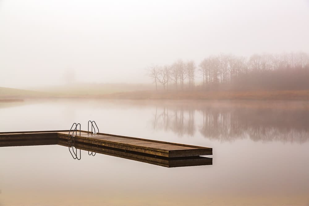 Misty Morning Lake Dock by Leif Løndal — canvas wall art