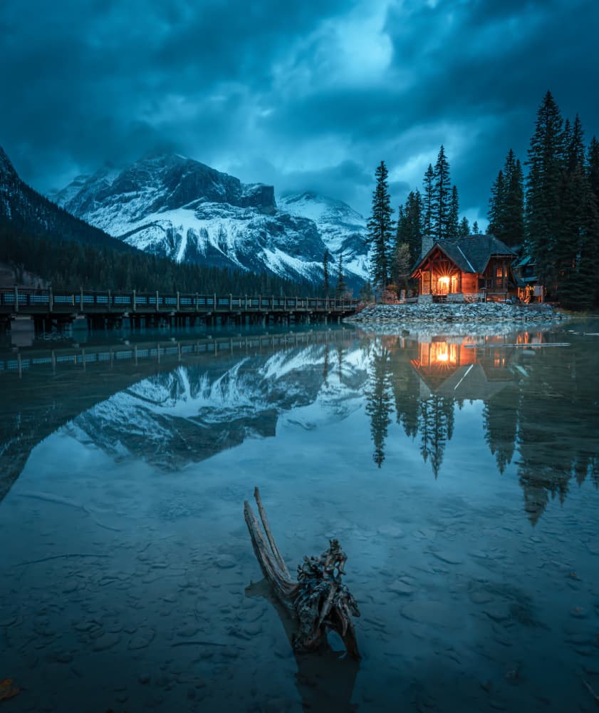 Cozy Cabin Lake Reflection by Bing Li — canvas wall art