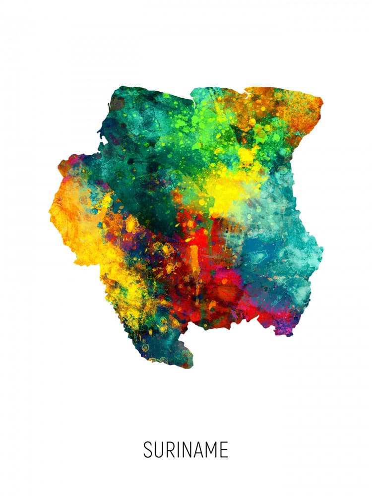 Colorful Suriname Map by Michael Tompsett — canvas wall art