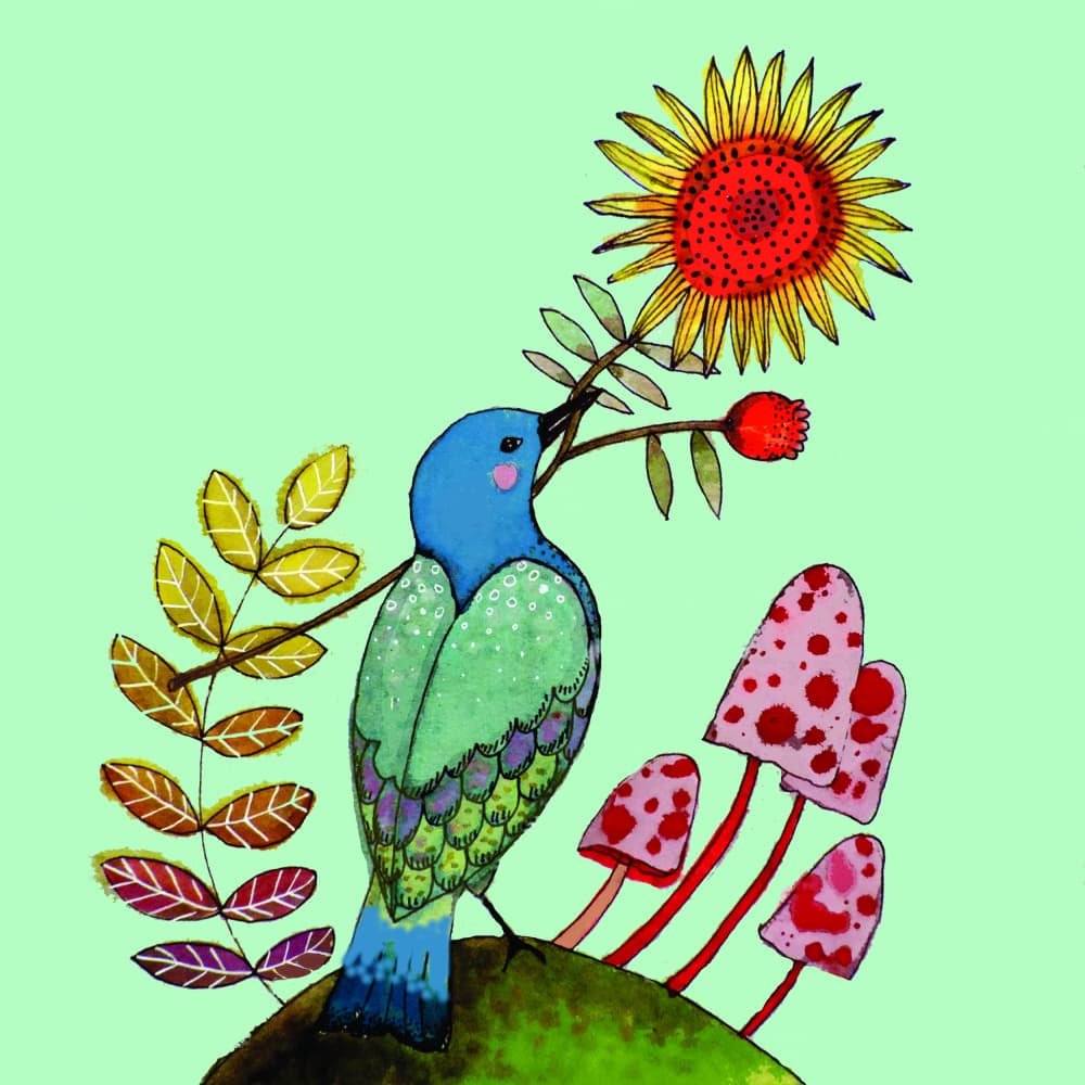 Whimsical Bird and Mushrooms by Sylvie Demers — canvas wall art