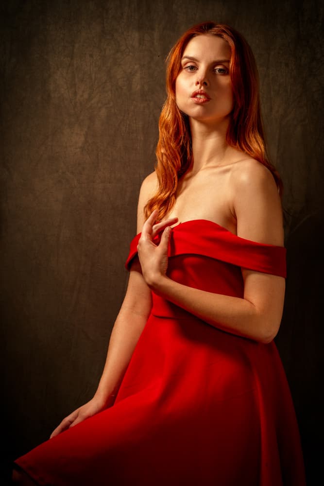 Elegant Red Dress Portrait by Dariusz Budyta — canvas wall art