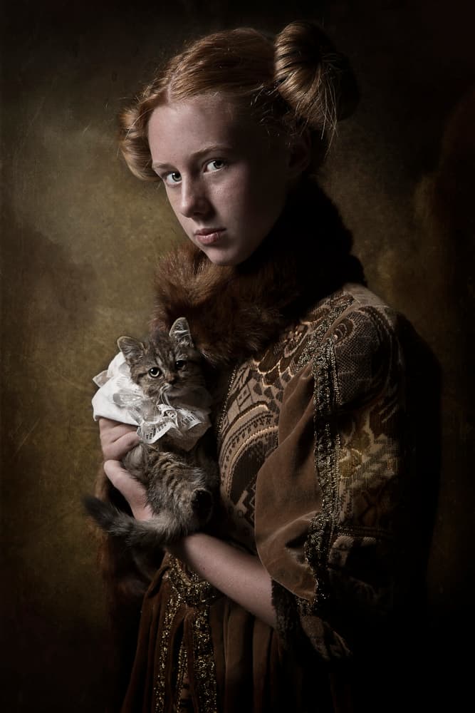 Renaissance Girl and Kitten by Carola Kayen-Mouthaan — canvas wall art