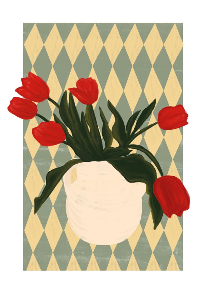 Red Tulips Diamond Pattern by Gulcihan Ozguc — canvas wall art
