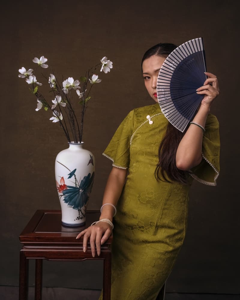 Graceful Qipao Fan Portrait by Deming W — canvas wall art