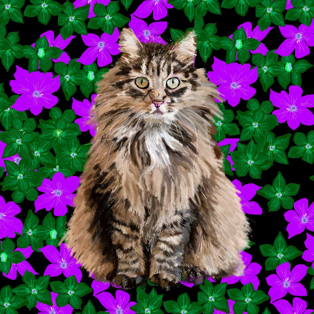 Fluffy Cat Purple Flowers by Lynnda Rakos — canvas wall art