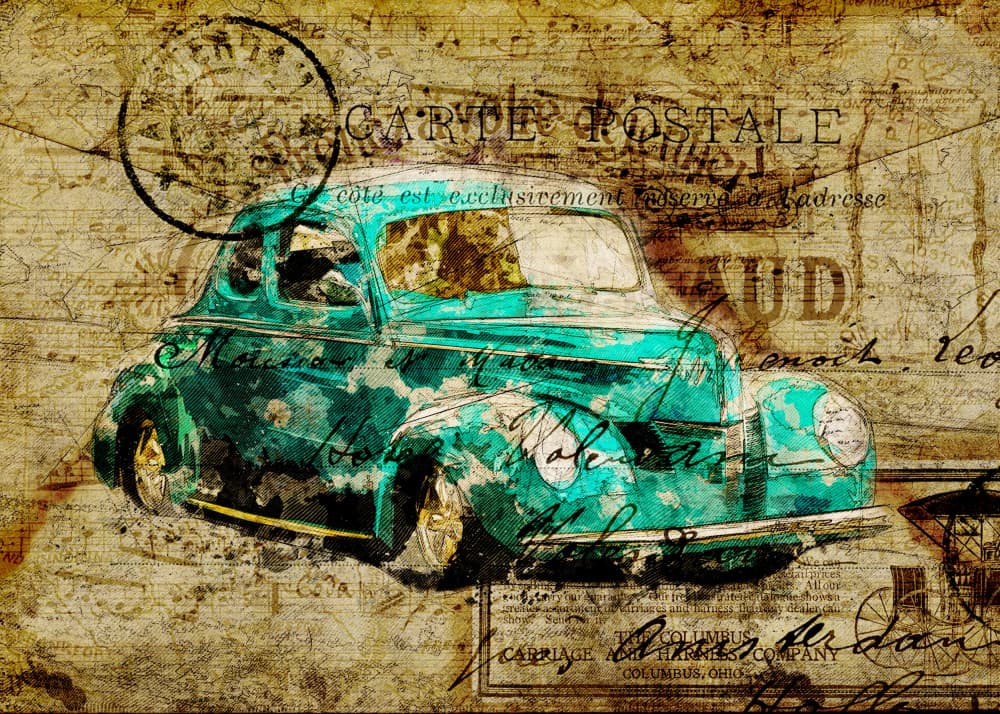 Vintage Teal Car Postcard by Lembayung senja studio [Vintage Poster] — canvas wall art