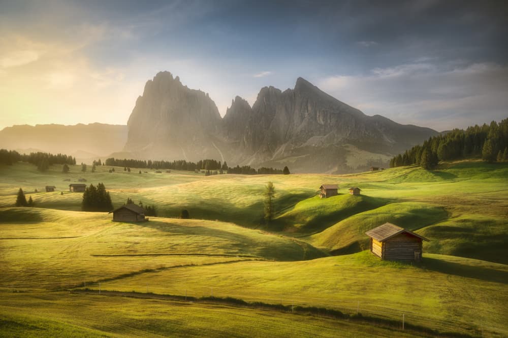 Alpine Valley Morning Huts by Martin Morávek — canvas wall art