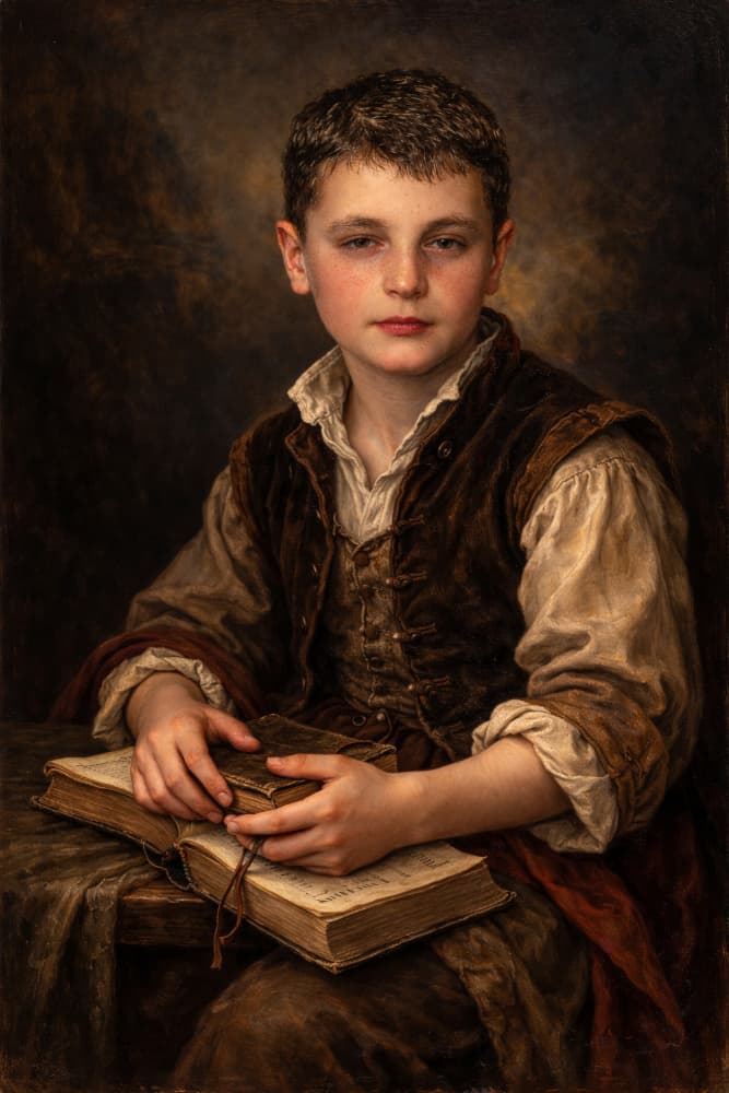 Thoughtful Boy with Books by Leonid Yermoshkin — canvas wall art