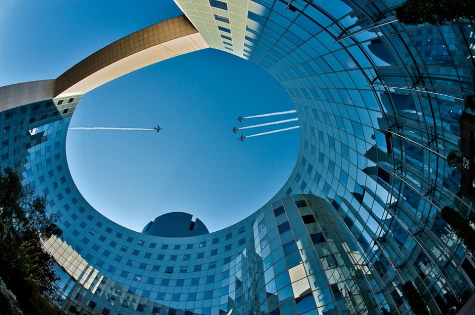 Jets Over Modern Architecture by Marc Pelissier — canvas wall art