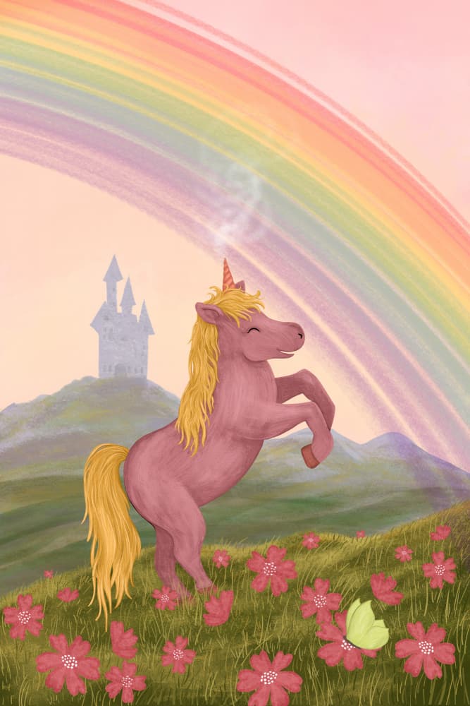 Pink Unicorn Rainbow Castle by EMELIEmaria — canvas wall art