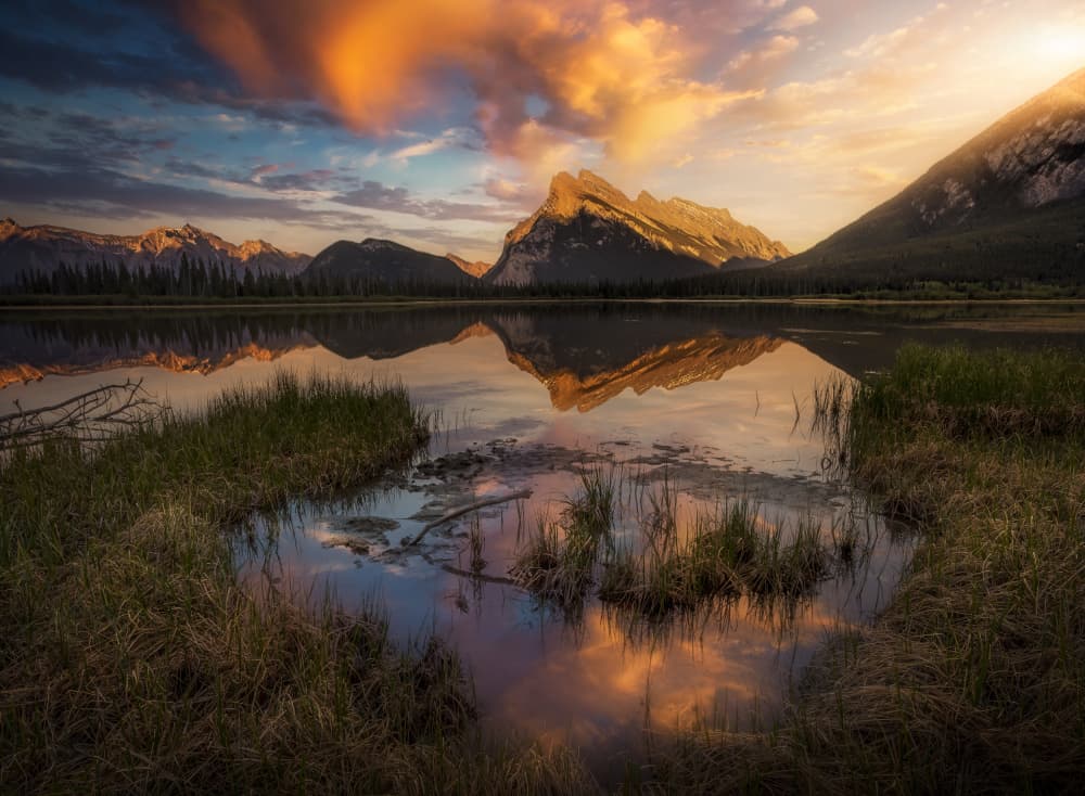 Golden Hour Mountain Lake by joanaduenas — canvas wall art