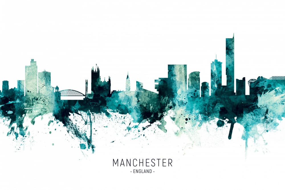 Teal Manchester Skyline by Michael Tompsett — canvas wall art