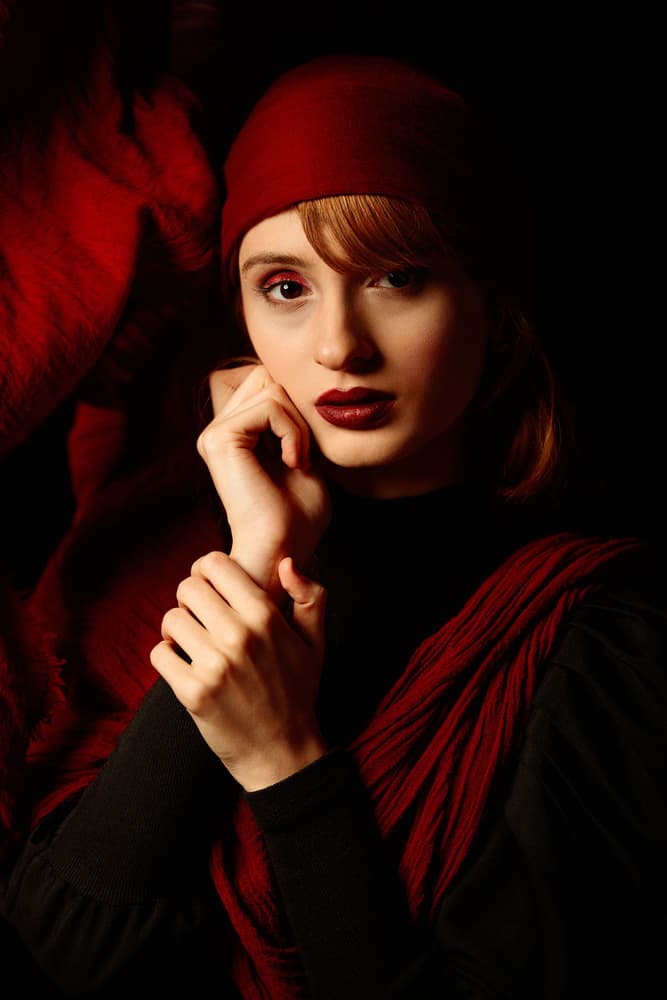 Red Scarf Portrait by Sepideh Niksefat — canvas wall art