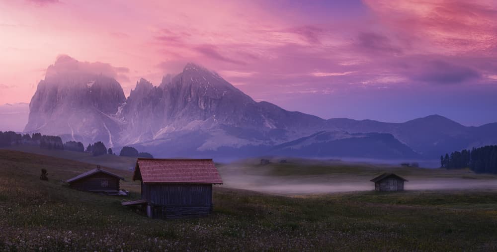 Misty Mountain Huts by Paco Jimenez — canvas wall art