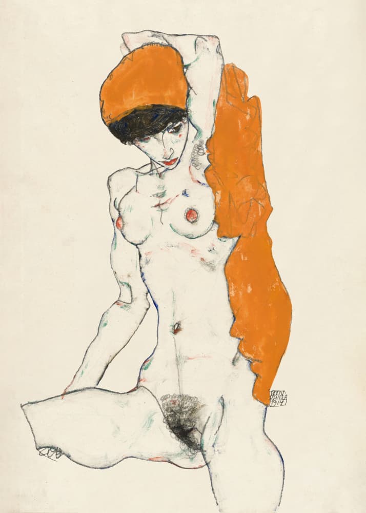 Standing Nude With Orange Drapery 1914 by EGON SCHIELE — canvas wall art