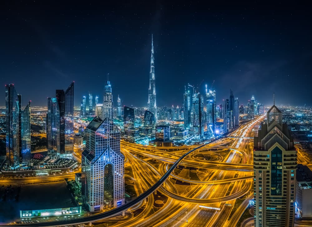 Vibrant Dubai Night Cityscape by Khalid Jamal — canvas wall art