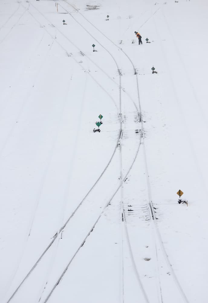Snowy Railway Junction by Jian Wang — canvas wall art