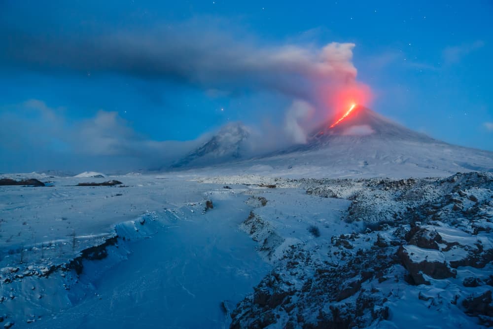 Volcano Night Eruption by Denis Budkov — canvas wall art