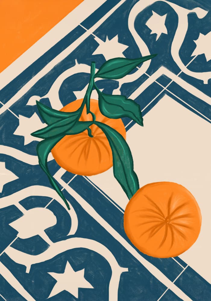 Fresh Oranges Blue Tiles by Gulcihan Ozguc — canvas wall art
