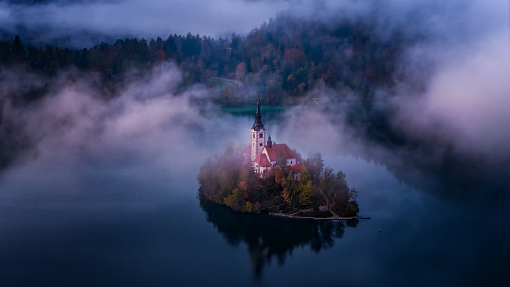Misty Island Church by Hanping Xiao — canvas wall art