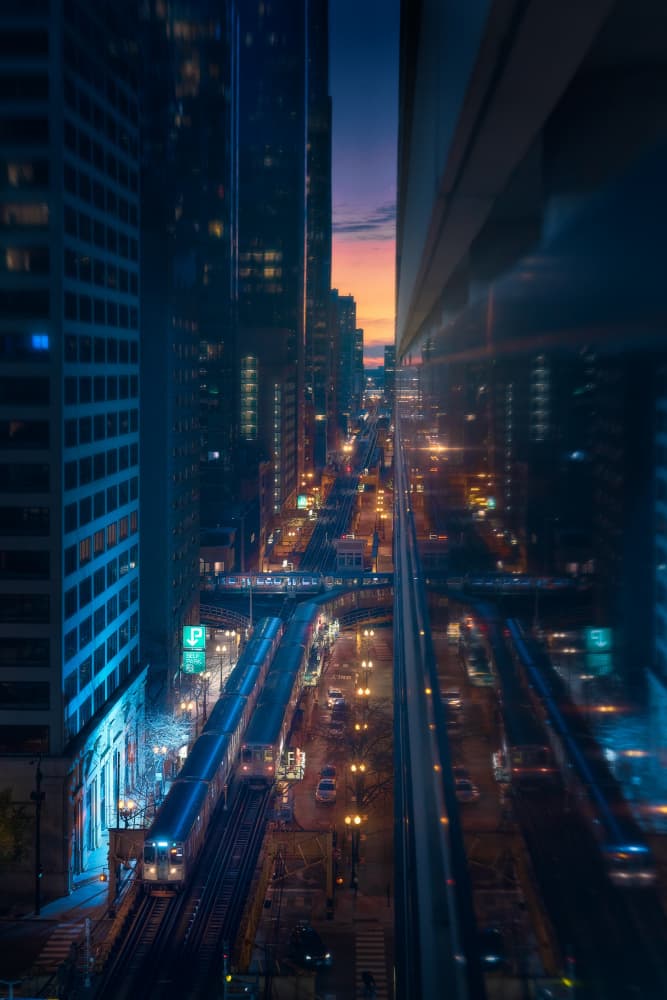 Downtown Train Sunset by Javier de la Torre — canvas wall art